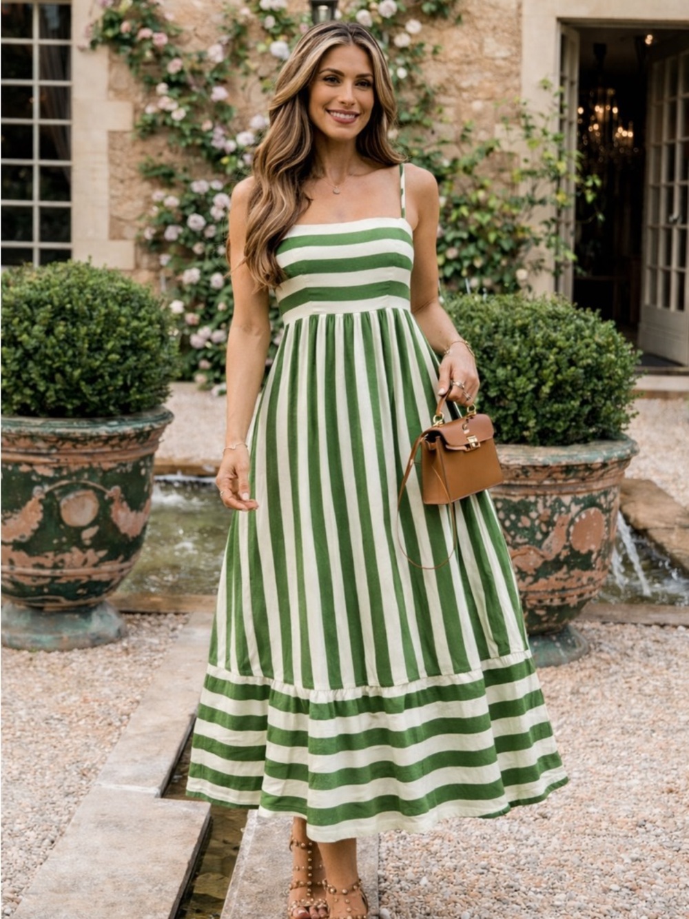 Boho Green white Striped Midi DressSpaghetti Strap Tiered open back cutout